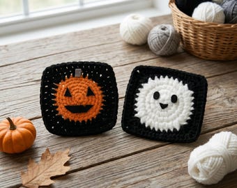 Halloween oma vierkant haakpatroonbundel, spookachtige geest en Jack-O-Lantern-motief pdf, eenvoudige haaktutorial voor beginners, decorproject
