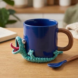 Könnte beinhalten: Eine blaue Keramiktasse mit Holzgriff, verziert mit einem türkisfarbenen Häkelmonster. Ein passender blauer Löffel liegt neben der Tasse auf einer Holzoberfläche. Das Monster hat eine rosa Zunge und weiße Augen.