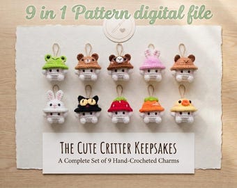 9-in-1 mini-paddenstoelhaakpatroon pdf | Kawaii Amigurumi-bundel | Pluche dierenhoed paddenstoel | Zelfstudie sleutelhanger haken | Schattig dier