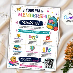 May include: A white PTA membership flyer featuring colourful school-themed illustrations including a backpack, apple, globe, and books. The text reads Your PTA Membership Matters, Your Membership Helps Provide, and Help Create a Big Impact Today.