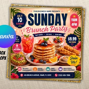 Puede incluir: Un folleto digital para una Sunday Brunch Party con una pila de panqueques con bayas, un vaso de bebida roja, tostada de aguacate y pollo frito. El texto incluye Sunday Brunch Party, 10 de julio, 11AM-4PM, $9.99 y 456 Brunch Avenue, Miami, FL 33101.