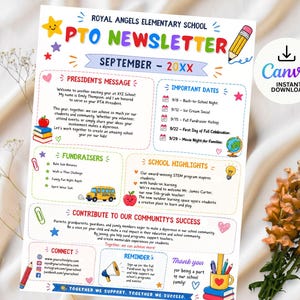 Pode incluir: Um modelo colorido de boletim informativo da Royal Angels Elementary School PTO para setembro de 20XX. O documento apresenta seções para mensagem do presidente, datas importantes, arrecadação de fundos, destaques da escola e detalhes de contribuição comunitária com ícones de lápis, ônibus escolar, globo e livros.