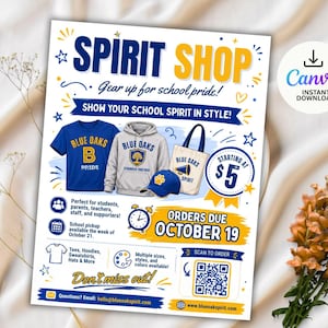 May include: A promotional flyer for a Blue Oaks Spirit Shop featuring a blue t-shirt, a grey hoodie, a blue baseball cap, and a canvas tote bag. The flyer includes text such as Spirit Shop, Gear up for school pride, and Orders due October 19.
