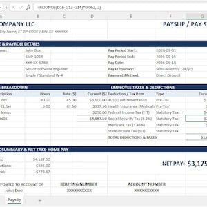 Może przedstawiać: Cyfrowy szablon odcinka wypłaty w formacie arkusza kalkulacyjnego zatytułowany YOUR COMPANY LLC oraz PAYSLIP / PAY STUB. Zawiera dane pracownika, zestawienie zarobków, podatki, potrącenia oraz kwotę netto do wypłaty w wysokości 3175,83 $.