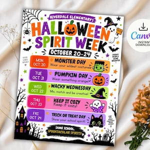Pode incluir: Um folheto retangular intitulado Riverdale Elementary's Halloween Spirit Week October 20-24. O cronograma lista temas diários, incluindo Monster Day, Pumpkin Day, Wacky Wednesday, Keep It Cozy e Trick or Treat Day com ilustrações coloridas.