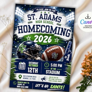 Może przedstawiać: Cyfrowa ulotka na Homecoming 2026 w St. Adams High School z kaskiem do futbolu amerykańskiego, piłką do futbolu i piankowym palcem z numerem jeden. Tekst zawiera datę 12 października, godzinę 17:00, lokalizację stadionu oraz dane kontaktowe wydarzenia.