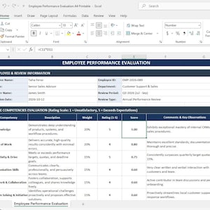 May include: A digital Employee Performance Evaluation spreadsheet template featuring sections for employee information, review details, and a core competencies evaluation table with columns for competency, description, weight, rating, and score.