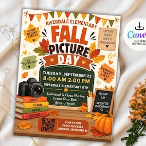 Może przedstawiać: Ulotka na Fall Picture Day w szkole Riverdale Elementary z jesiennymi liśćmi, aparatem, stosem książek z napisami Smile, Learn, Grow, Belong, dynią i tablicą. Tekst zawiera daty, godziny oraz kod QR do zamawiania pakietów zdjęć.