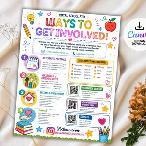 PTO/PTA "Sätt att engagera sig" Canva-mall | Redigerbar flyer för föräldraorganisationer