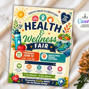 Peut inclure: Un dépliant coloré pour la foire de santé et de bien-être de l'école élémentaire South Creek, le jeudi 12 juin, de 17h30 à 19h30 à la cafétéria. Il présente des illustrations d'une gourde, d'une pomme, d'une salade, de baskets et d'icônes.