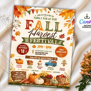 Puede incluir: Un folleto del Fall Harvest Festival con hojas de otoño, calabazas, un camión azul y texto que detalla un evento familiar el sábado 18 de septiembre, de 14:00 a 20:00, en Sacred Heart School Oval, 888 Riverside Road, Hawthorn 12345, con actividades.