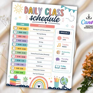 May include: A printable daily class schedule template featuring a colorful rainbow, sun, and school supplies. The document includes a table with time slots, activity columns, and a weekly specials section with icons for gym, music, art, Spanish, and library.