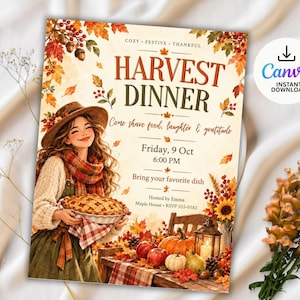 REDIGERBAR Thanksgiving Potluck-flyer | Redigerbar mall för Thanksgiving Potluck-inbjudan i Canva | Inbjudan till Friendsgiving Potluck
