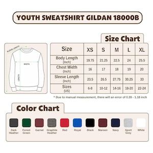 May include: A size chart for a youth sweatshirt, with measurements in inches. The chart includes body length, chest width, and sleeve length for sizes XS to XL. A color chart displays options like dark heather, forest green, and red.
