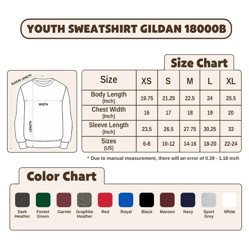 May include: A size chart for a youth sweatshirt, with measurements in inches. The chart includes body length, chest width, and sleeve length for sizes XS to XL. A color chart displays options like dark heather, forest green, and red.