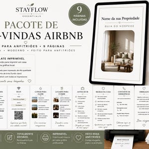 Może przedstawiać: Biało-beżowy pakiet powitalny Airbnb z tekstem "Stayflow Essentials" i "Welcome Packet". Pakiet zawiera tablet cyfrowy, drukowane przewodniki i drukarkę. Tablet wyświetla scenę z salonu. Zaprojektowany dla gospodarzy.