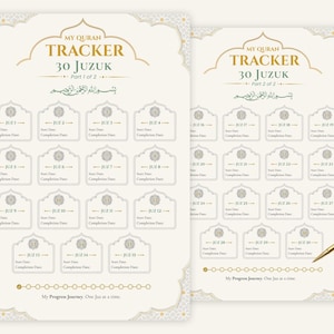 May include: Two cream-colored paper sheets titled My Quran Tracker 30 Juzuk, featuring gold and green decorative borders. Each sheet contains numbered boxes for tracking progress with fields for start and completion dates, plus a gold pen.