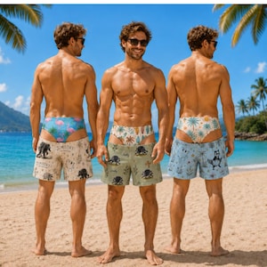 Anpassade Hawaiianska badshorts för män, personliga roliga strandbyxor, tropisk semesterpoolpartyklädsel, sommarpresent till honom