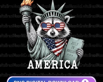 Mapache patriótico PNG, Mapache de la Estatua de la Libertad PNG, América divertida PNG, Diseño del 4 de julio