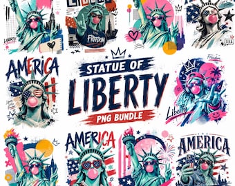 Paquete de imágenes PNG de la Estatua de la Libertad, imágenes PNG del 4 de julio con estilo preppy, estilo femenino estadounidense, diseño patriótico de sublimación de EE. UU.