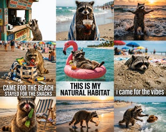 Paquete de imágenes PNG de mapaches divertidos en la playa, imágenes prediseñadas de pandas basureros en verano (descarga digital)