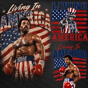 Puede incluir: Un estampado gráfico que muestra a Apollo Creed con ropa de boxeo, incluyendo pantalones y guantes a rayas rojas, blancas y azules. El diseño incluye el texto Living In America y un fondo de bandera estadounidense, mostrando al personaje.