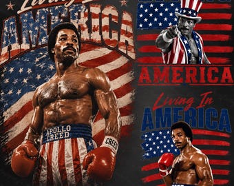 Apollo Creed Living In America PNG, Patriotic Boxing PNG, Retro USA Fighter Sublimation Design, 4th Of July Digital Download