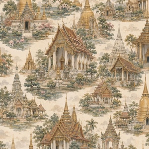 May include: Watercolor illustration of various ornate temples and pagodas in shades of gold, brown, and white, set against a cream-colored background. The image features detailed architectural designs, trees, and water features, creating a serene and detailed pattern.