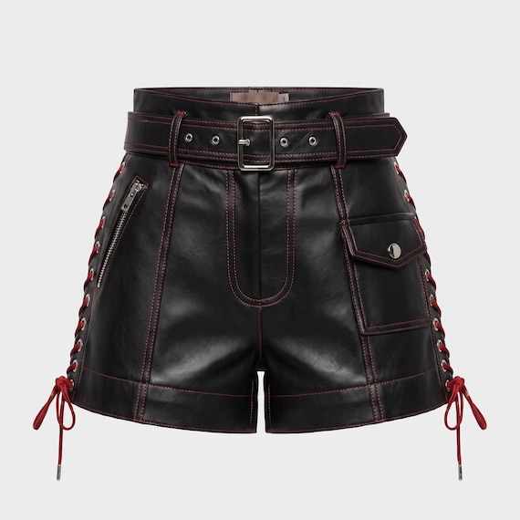 Men's Handmade Black Leather Shorts, Gothic Punk Leather Shorts, Red Stitch Biker Shorts, Alternative Festival Streetwear