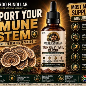 May include: A 50 ml amber glass dropper bottle of Karoo Fungi Lab Turkey Tail Elixir. The label features the brand name, product title, and text highlighting immune system support, gut balance, and dual extract benefits against a dark background.
