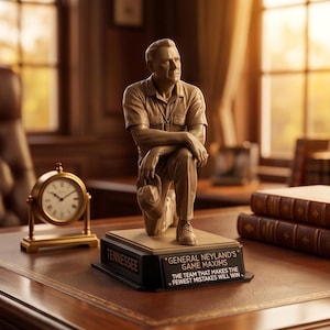 May include: A tan-colored figurine of a man kneeling, wearing a collared shirt and holding a cap. The base features the text 'TENNESSEE' and 'GENERAL NEYLAND'S GAME MAXIMS: THE TEAM THAT MAKES THE FEWEST MISTAKES WILL WIN' on a black plaque.