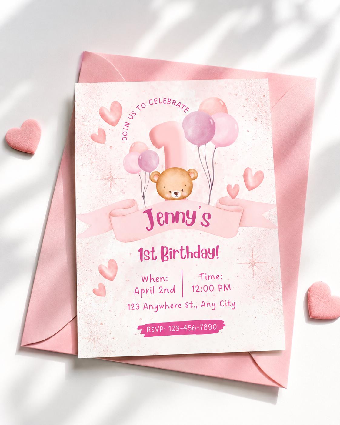 Editable Teddy Bear 1st Birthday Invitation | Pink Pastel Girl Invite ...