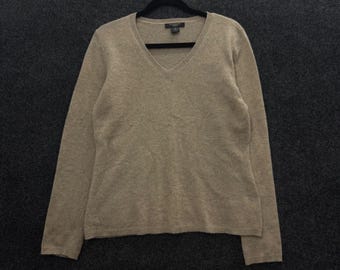 Ann Taylor Cashmere Tröja Dam Mellanbrun Havregryn V-Ringad Långärmad Stickad