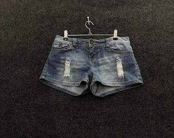 Damen Größe 9 Distressed Denim Mini Shorts Y2K Low Rise