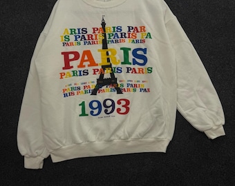 Vintage Alma Mater Paris 1993 Sweatshirt White Eiffel Tower Made in France L