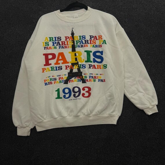 Vintage Alma Mater Paris 1993 Sweatshirt White Eiffel Tower Made in France L
