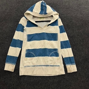 SB Blue Cream Striped Hoodie Womens Medium Y2K Coastal Pullover Sweatshirt