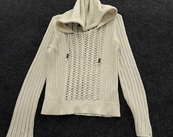 American Eagle Y2K Biały sweter z kapturem, szydełkowany, z drewnianymi koralikami, średni