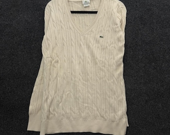 Vintage Lacoste Cable Knit V-Neck Sweater Cream Off-White Size 44 Women