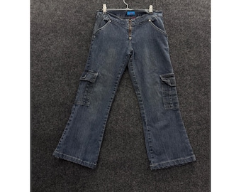 Mudd Vintage Y2K Low Rise Cargo Flare Jeans Dark Wash Denim Exposed Zip 31x25