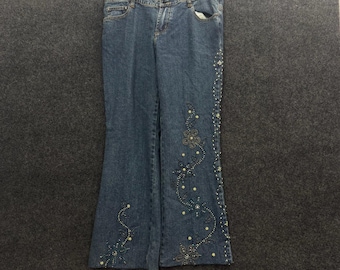 Willi Smith Y2K Beaded Floral Flare Jeans Blue Denim Women Size 10 Style 96072