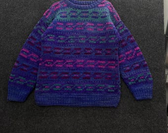 Maglione vintage da uomo in lana lavorato a mano, taglia XL, anni '90, astratto, geometrico, colorato, viola.