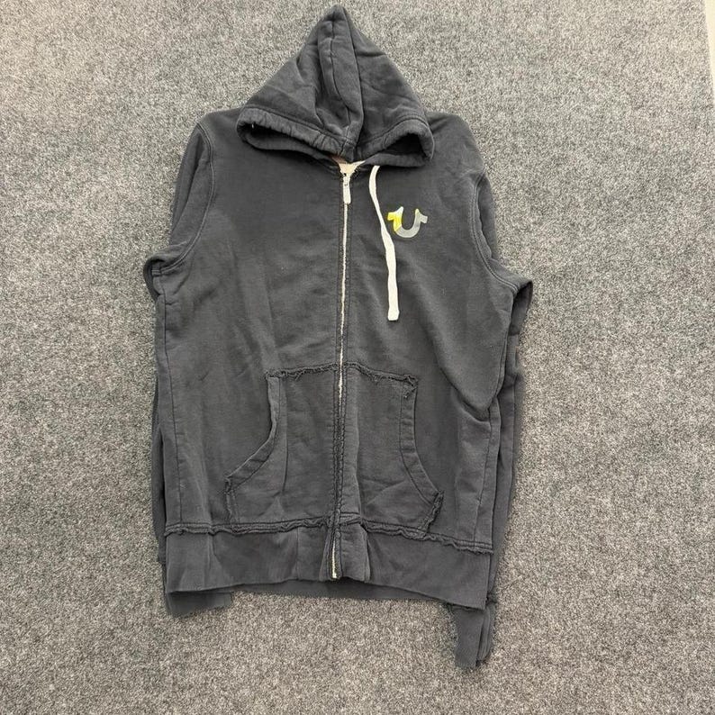 True Religion Zip Hoodie Mens Large Black Horseshoe Graphic Y2K Logo Streetwear image 1