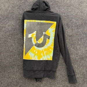 True Religion Zip Hoodie Mens Large Black Horseshoe Graphic Y2K Logo Streetwear image 2