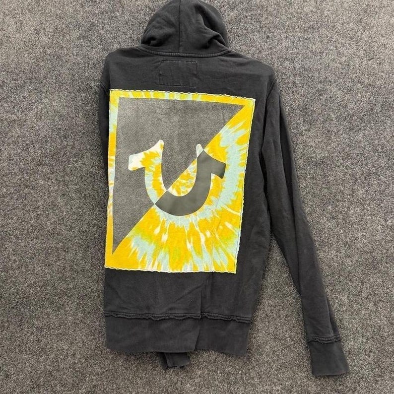 True Religion Zip Hoodie Mens Large Black Horseshoe Graphic Y2K Logo Streetwear image 2