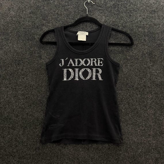Ｄｉｏｒ タンクトップ スワロフスキー ロゴ Christian Dior J'adore Dior 1947 Rhinestone Ribbed Tank Top Black