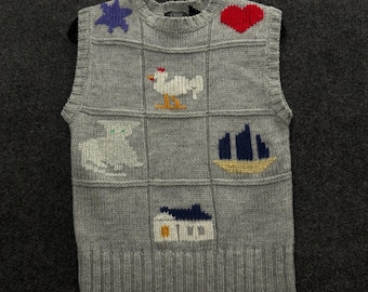 Chelsea Place Vintage Farmhouse Cottage Intarsia Knit Sweater Vest Gray Womens M