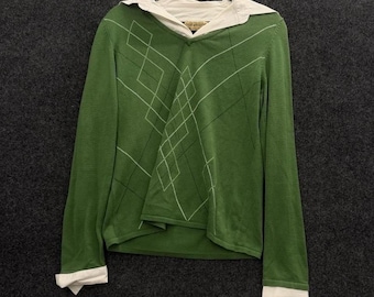 Top a strati verde a rombi da donna, taglia M, stile preppy, a maniche lunghe
