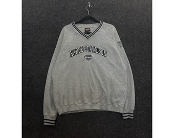 Felpa vintage Harley Davidson da uomo, taglia XL, grigia, con scollo a V, lavorazione a nido d'ape e ricami.
