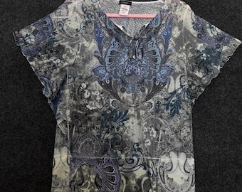 Frauen Small Cocomo Paisley-Mesh-Bluse Y2K blau grau Fee Grunge Top